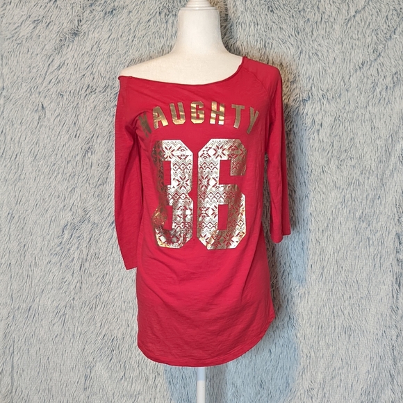 PINK Victoria's Secret Tops - PINK Victoria's Secret ☆ "Naughty", Not Nice XS Red Varsity Style Sleep …